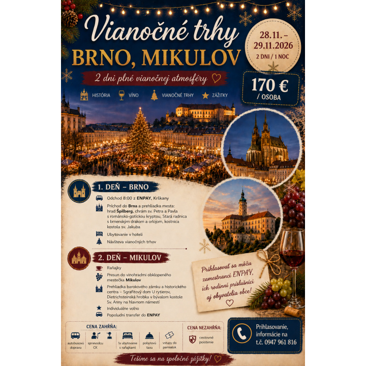 Menšia fotka pre článok Navštívte so spoločnosťou ENPAY-Krškany  Vianočné trhy v Brne a objavte čaro Mikulova